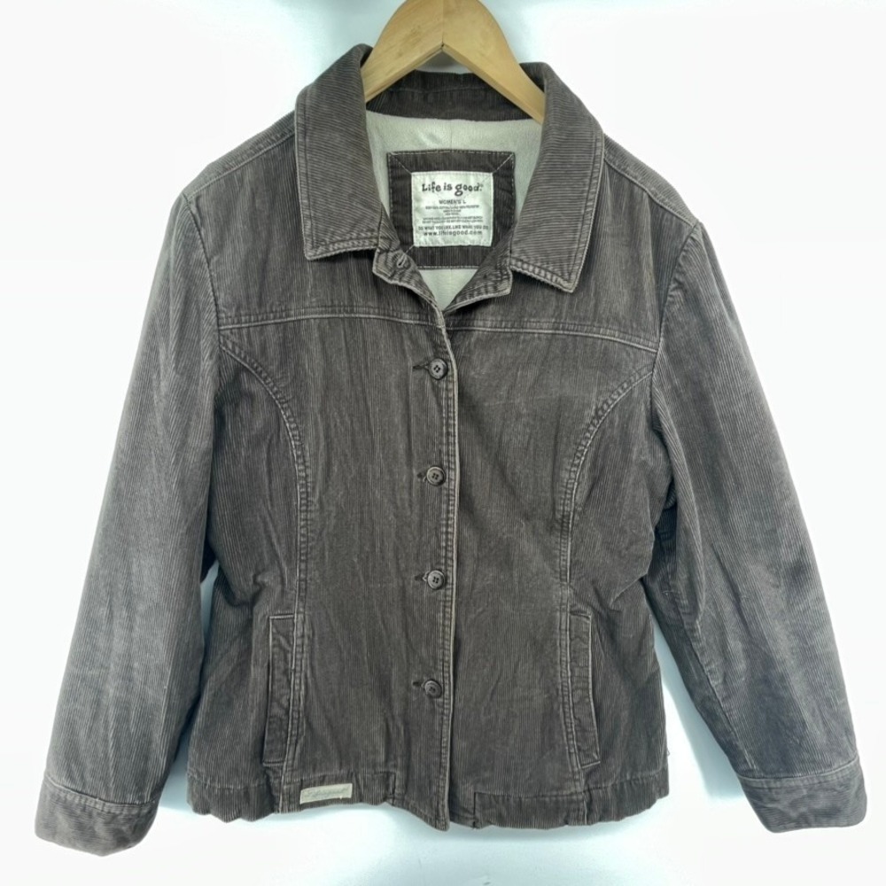 Life Is Good Corduroy Jacket Coat Women Sz‎ L Brown Fleece Lined Retro Grunge